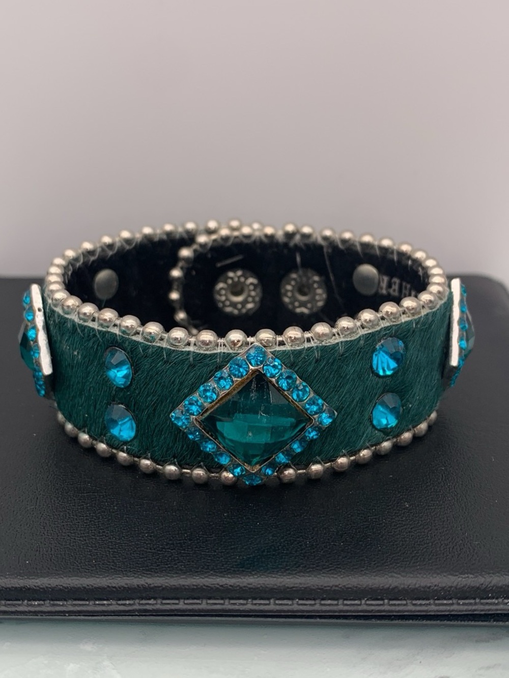 Teal Crystal Studded Leather hair on hide western style Cuff Bracelet